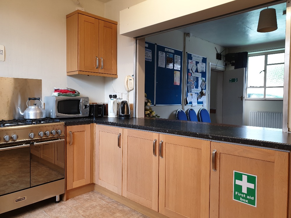Fully equipped kitchen in Maidstone for hire. 6gal/27ltr tea urn. Dual fuel range cooker and refrigerator. Pots and pans, utensils, crockery and cutlery included. Fire blanket and fire extinguishers provided. Microwave oven.